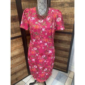 🌺Calvin Klein Stretch Dress Sz12-16 Puff Arms Fitted Hot Pink Floral 50' Look